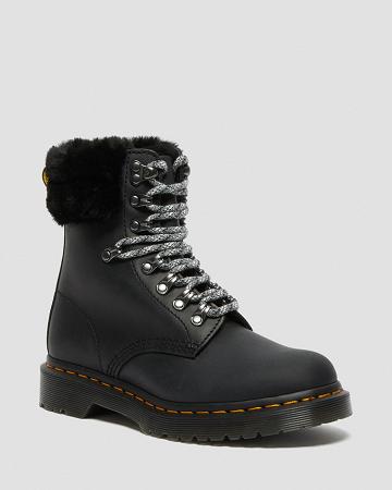 Black Women's Dr Martens 1460 Serena Collar Faux Fur Lined Lace Up Boots | CA 199CTV